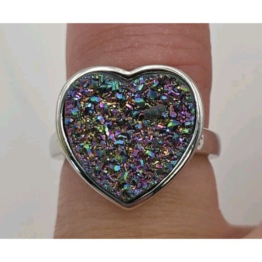 Rainbow Drusy Agate Heart Sterling Silver TGGC Vintage Ring Sz 7 Brazil Boho 925 - Picture 14 of 16